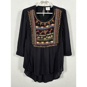 HD in Paris Tunic Blouse Womens 0 Black Embroidered Boho High Low Coin Trim